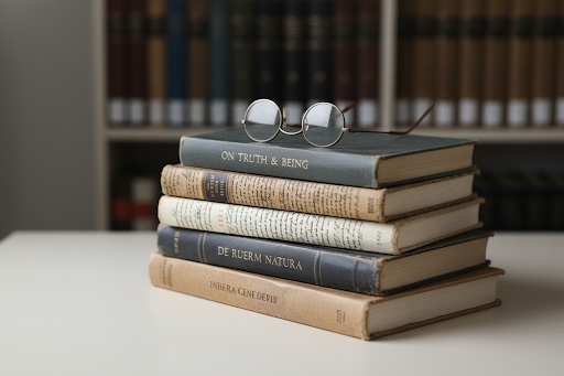Antique spectacles on a stack of scholarly books.